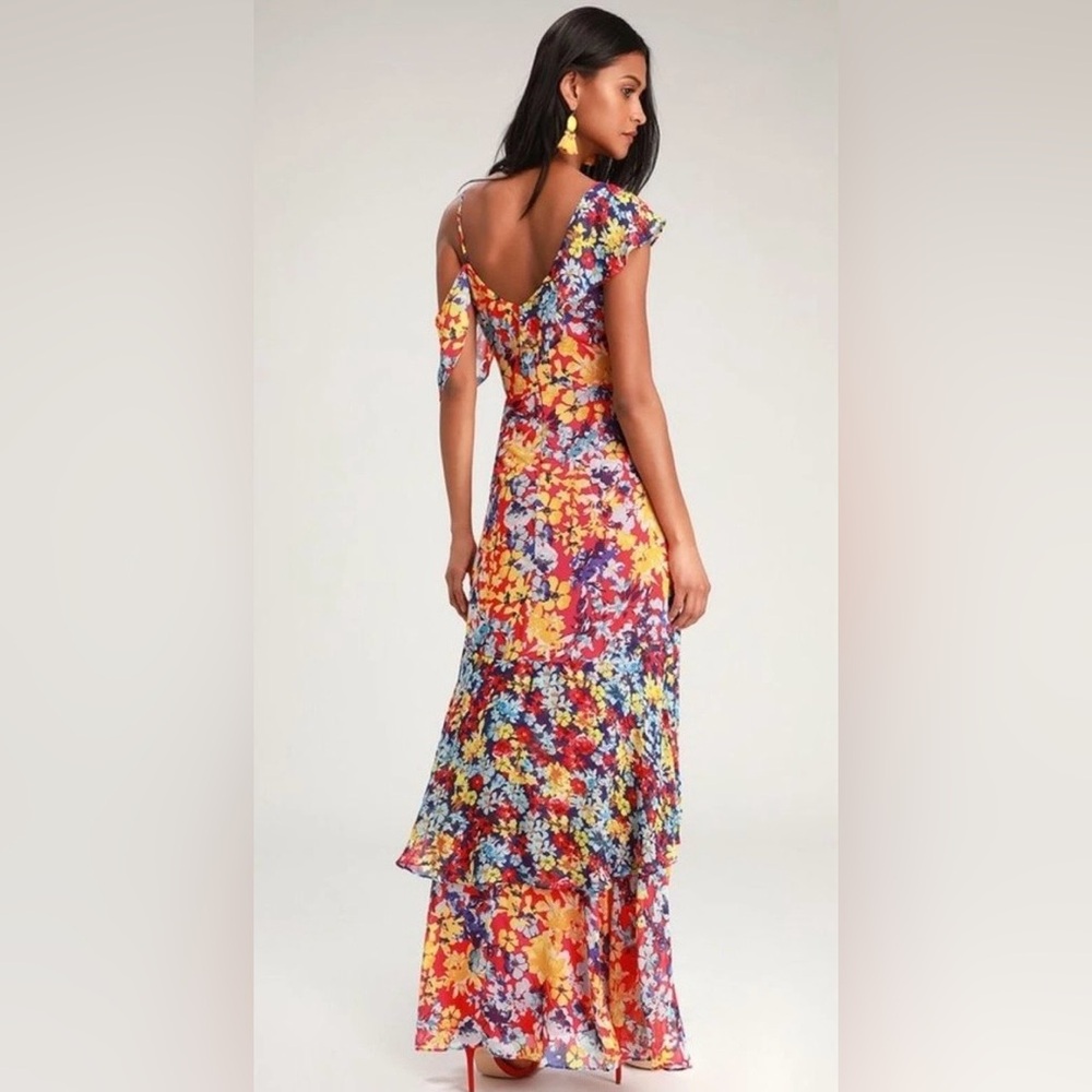 Lulus Radiant Ruby Red Floral Print Chiffon Maxi Dress sz Medium - Picture 2 of 15